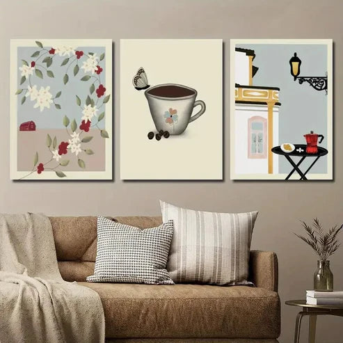 3pcs Coffee Butterfly Tree Botanical Flower Wall Art Set Canvas Unframed - High Quality Print 100% Australian Made Wall Canvas - Bella Home Decor