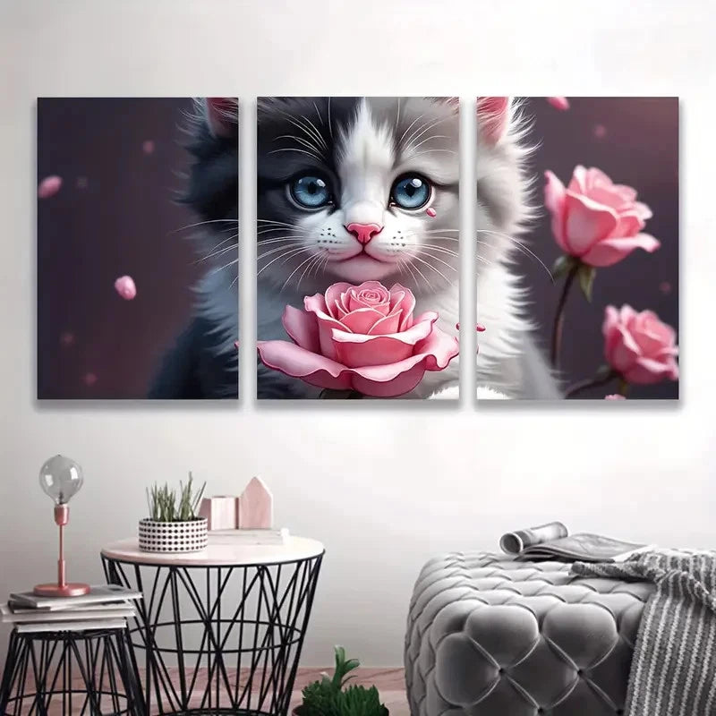 3pcs Black And White Cat With Rose Wall Art Set Canvas Framed 60x90cm - High Quality Print 100% Australian Made Wall Canvas Ready to Hang - Bella Home Decor
