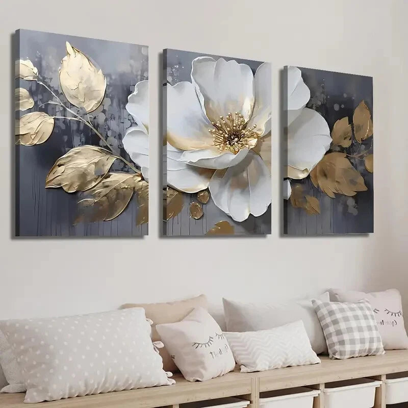 3pcs Elegant White & Golden Flowers Perfect Wall Art Set Canvas Framed 60x90cm - High Quality Print 100% Australian Made Wall Canvas Ready to Hang. - Bella Home Decor