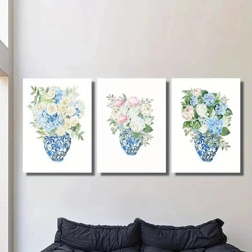 3pcs Blue And White Porcelain Vase And Flower Wall Art Canvas Unframed - High Quality Print 100% Australian Made Wall Canvas - Bella Home Decor