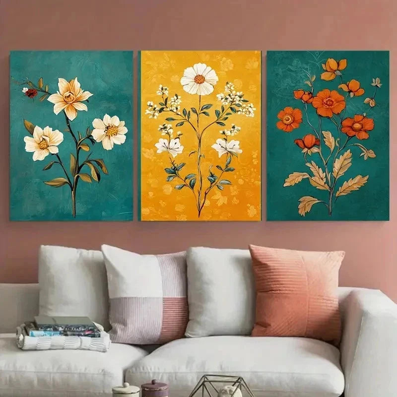 3pcs Vintage Moroccan Floral Nature Perfect Wall Art Set Canvas Framed 50x70cm - High Quality Print 100% Australian Made Wall Canvas Ready to Hang