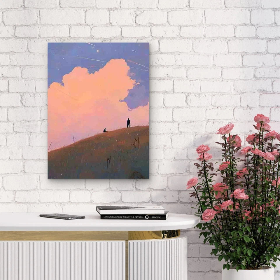 Pink & Blue Sky Father & Child on Hill 40x60cm Metal Print Ready to Hang