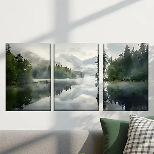 3pcs Misty Lake with Trees and Mountains Wall Art Canvas Unframed - High Quality Print 100% Australian Made Wall Canvas