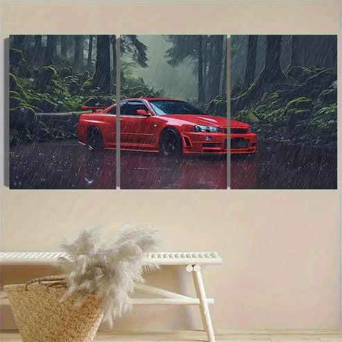 3pcs Red Sports Car in Rain Forest Wall Wall Art Set Canvas Unframed - High Quality Print 100% Australian Made Wall Canvas - Bella Home Decor