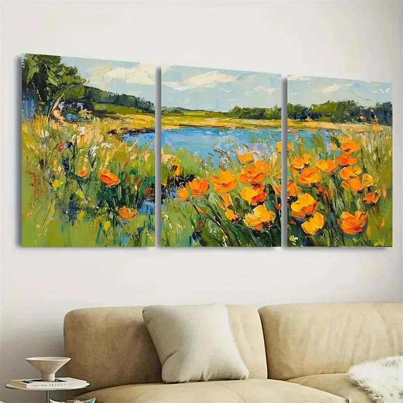 3pcs Orange Meadow & Lake Landscape, Impasto Wall Art Set Canvas Framed 50x70cm - High Quality Print 100% Australian Made Wall Canvas Ready to Hang