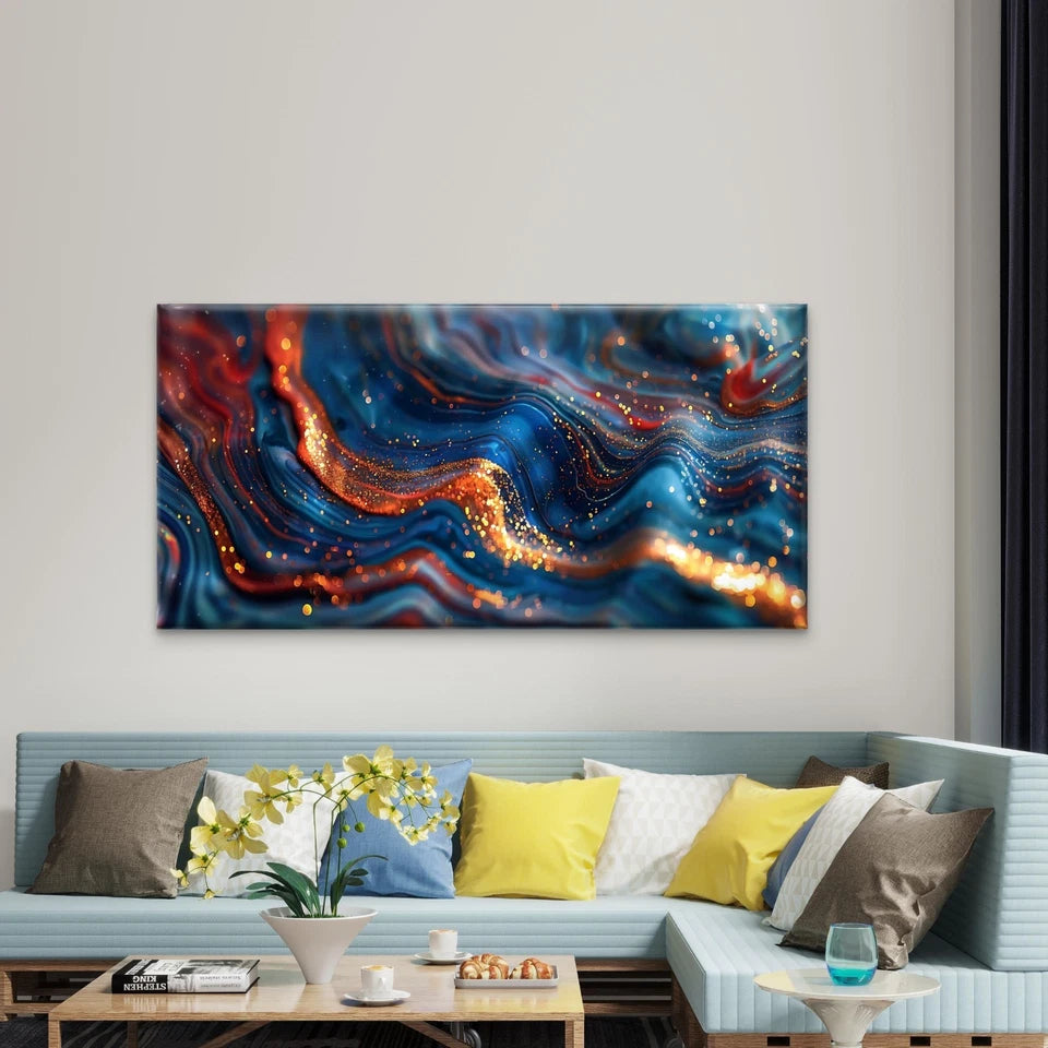 Marble Ink Waves With Gold Glit Wall Art Canvas Office Home Room Framed 120x60cm - Bella Home Decor
