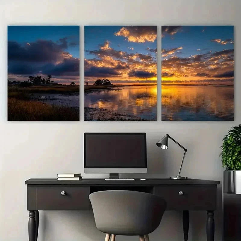3pcs Panoramic Sunrise & Sunset Perfect Wall Art Set Canvas Framed 50x70cm - High Quality Print 100% Australian Made Wall Canvas Ready to Hang