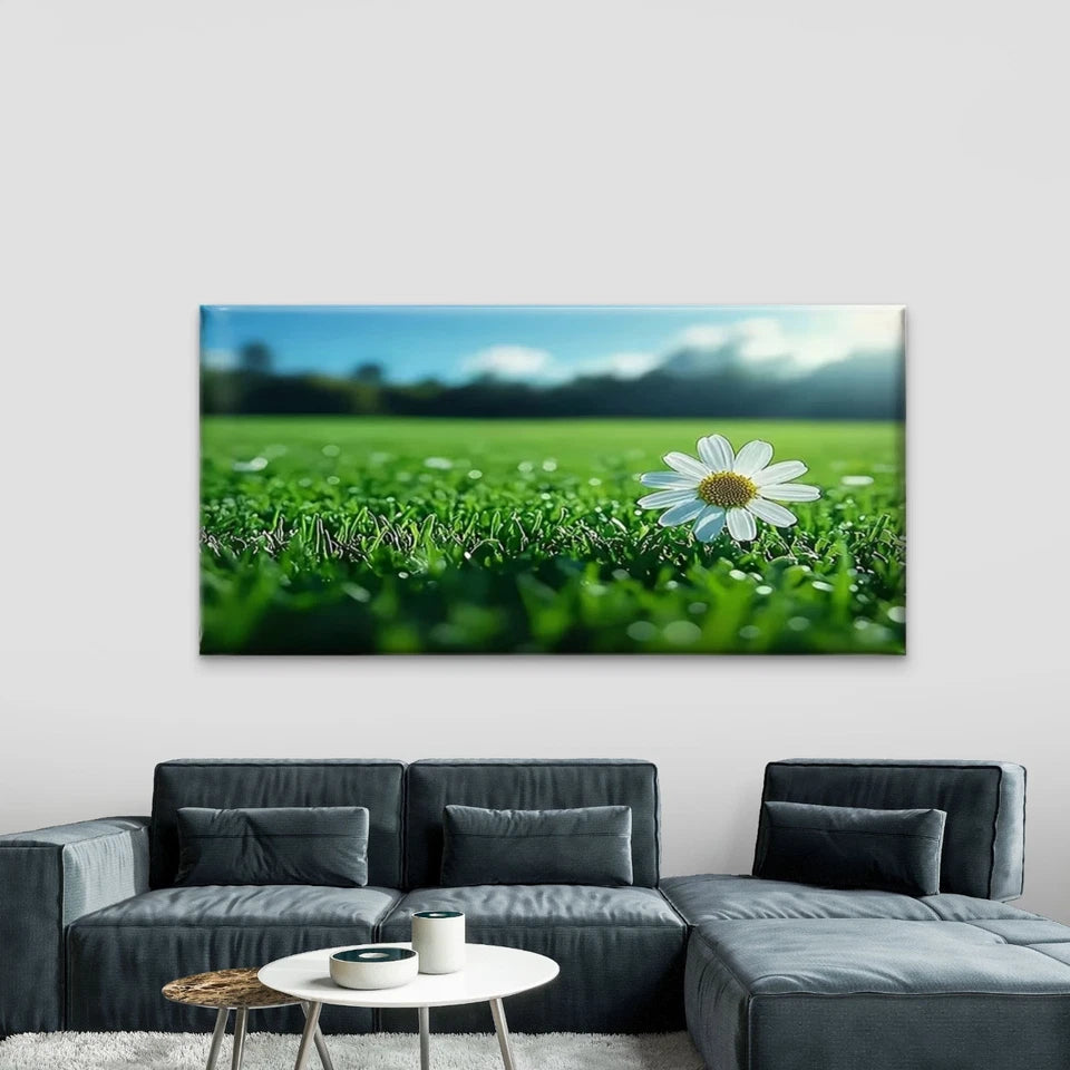 Single Daisy on Green Field Wall Art Canvas Office Home Room Framed 120x60cm