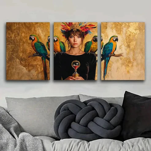 3pcs The Queen and the Parrots Perfect Colorful Wall Art Set Canvas Unframed - High Quality Print 100% Australian Made Wall Canvas