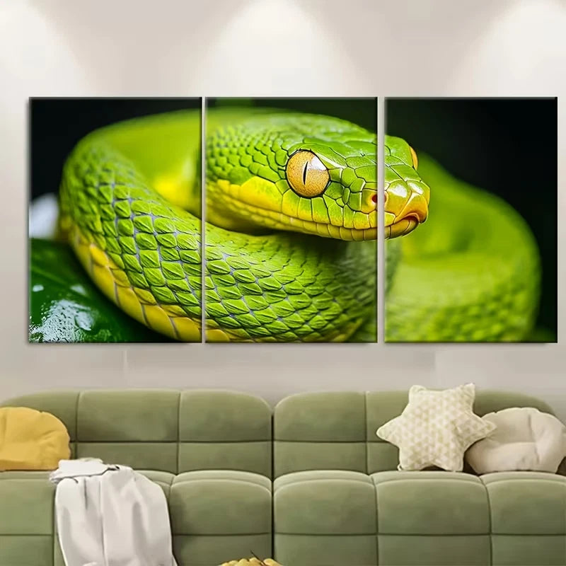 3pcs Striking Green Snake Close Up Exotic Wildlife Metal Print Ready to Hang Art