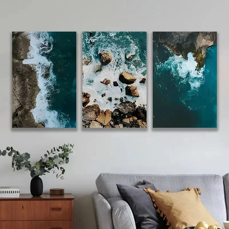 3pcs Aerial Ocean Wave & Rocky Shore View Wall Art Set Canvas Framed 60x90cm - High Quality Print 100% Australian Made Wall Canvas Ready to Hang - Bella Home Decor