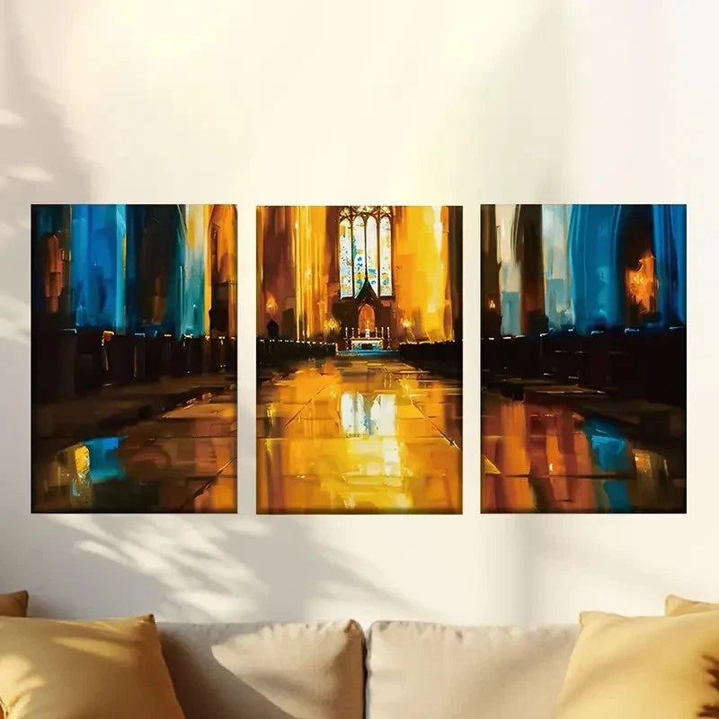 3pcs Colorful Abstract Church Sunset Wall Art Set Canvas Framed 60x90cm - High Quality Print 100% Australian Made Wall Canvas Ready to Hang - Bella Home Decor