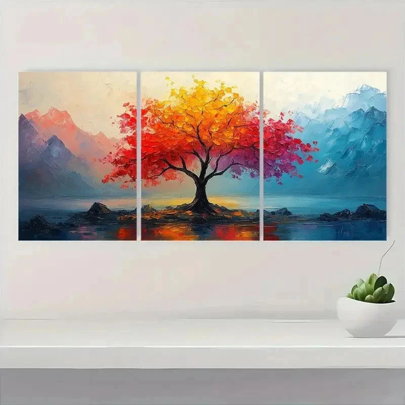 3pcs Vibrant Abstract Tree Colorful Mountain V Wall Art Set Canvas Framed 50x70cm - High Quality Print 100% Australian Made Wall Canvas Ready to Hang