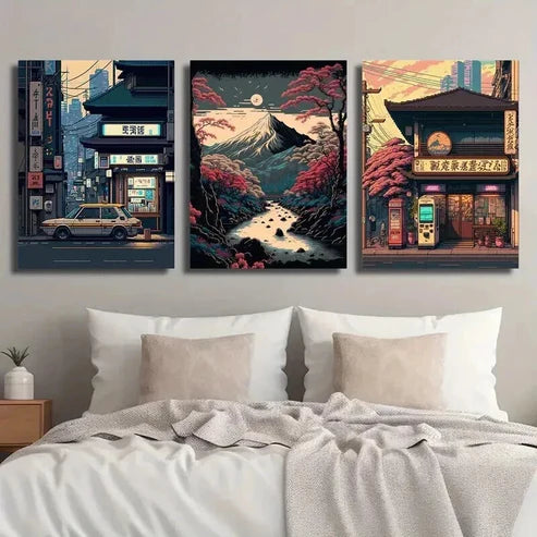 3pcs Japanese Night Shop & Retro Cherry Blossom Wall Art Set Canvas Unframed - High Quality Print 100% Australian Made Wall Canvas