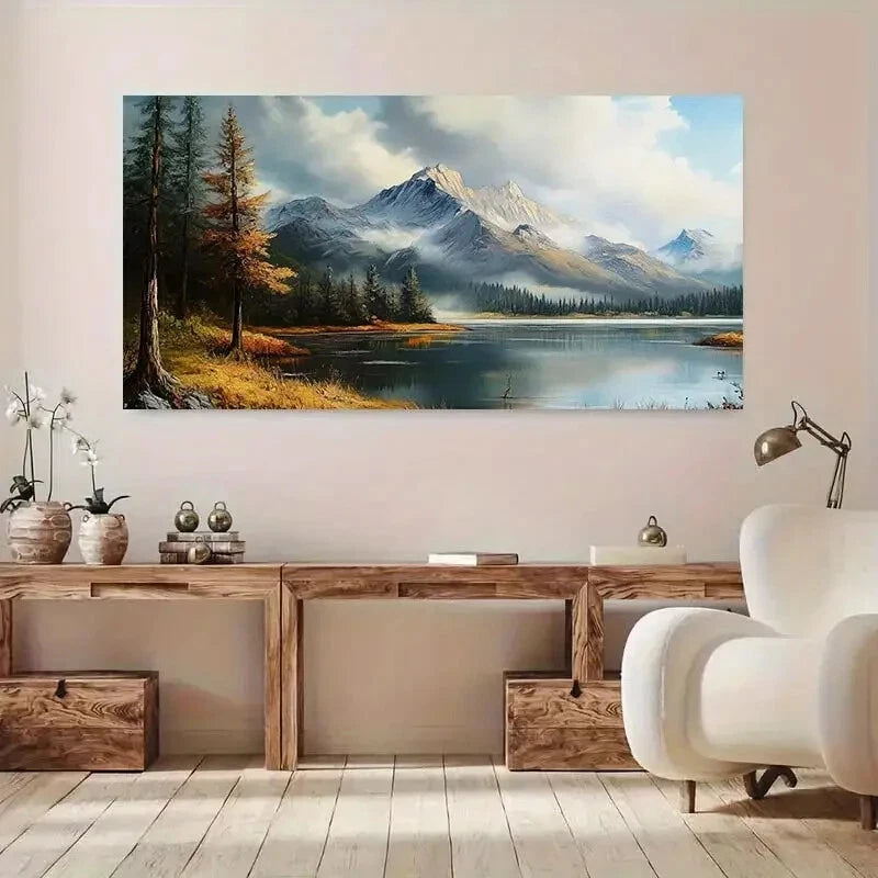 Winter Mountain Lake Trees wall canvas office home room framed 120x60cm - Bella Home Decor