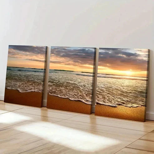 3pcs Natural Landscape Art with Sunset and Waves Wall Art Set Canvas Unframed - High Quality Print 100% Australian Made Wall Canvas