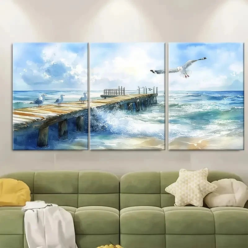 3pcs Beach Pier Ocean Seagull Waves Scene Wall Art Set Canvas Framed 50x70cm - High Quality Print 100% Australian Made Wall Canvas Ready to Hang - Bella Home Decor