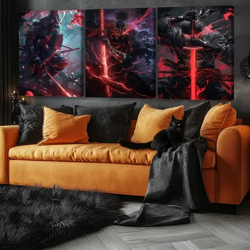 3pcs Anime Comic Vivid Color Samurai Thunder Red Wall Art Set Canvas Unframed - High Quality Print 100% Australian Made Wall Canvas - Bella Home Decor