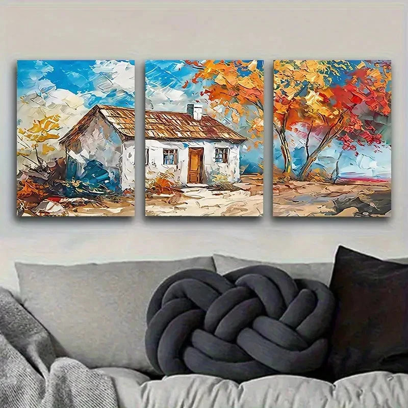 3pcs Cozy Autumn Cottage Landscape Wall Art Set Canvas Framed 40x60cm - High Quality Print 100% Australian Made Wall Canvas Ready to Hang - Bella Home Decor