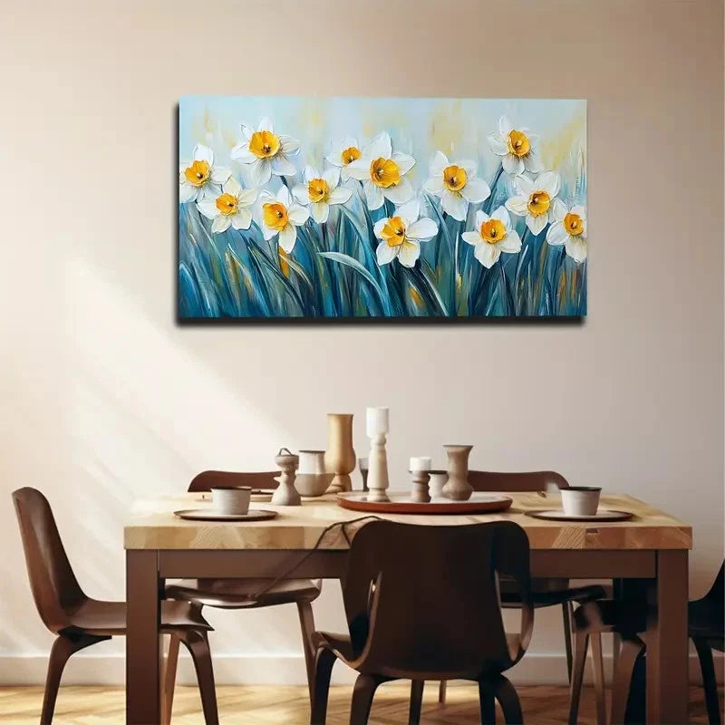 Bohemian Style White Daffodils Wall Art canvas office home room framed 120x60cm - Bella Home Decor