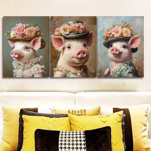 3 PCS Featuring A Pig In A Stylish Hat Wall Art Set Canvas Unframed - High Quality Print 100% Australian Made Wall Canvas - Bella Home Decor