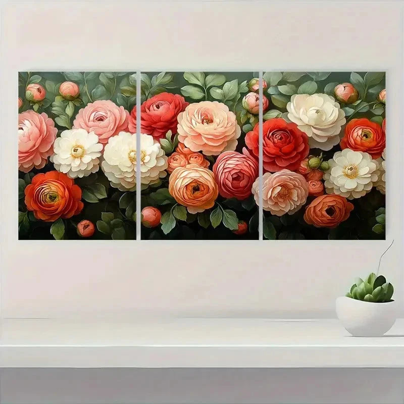 3pcs red, pink & white hydrangea & ranunculus Wall Art Set Canvas Framed 60x90cm - High Quality Print 100% Australian Made Wall Canvas Ready to Hang - Bella Home Decor