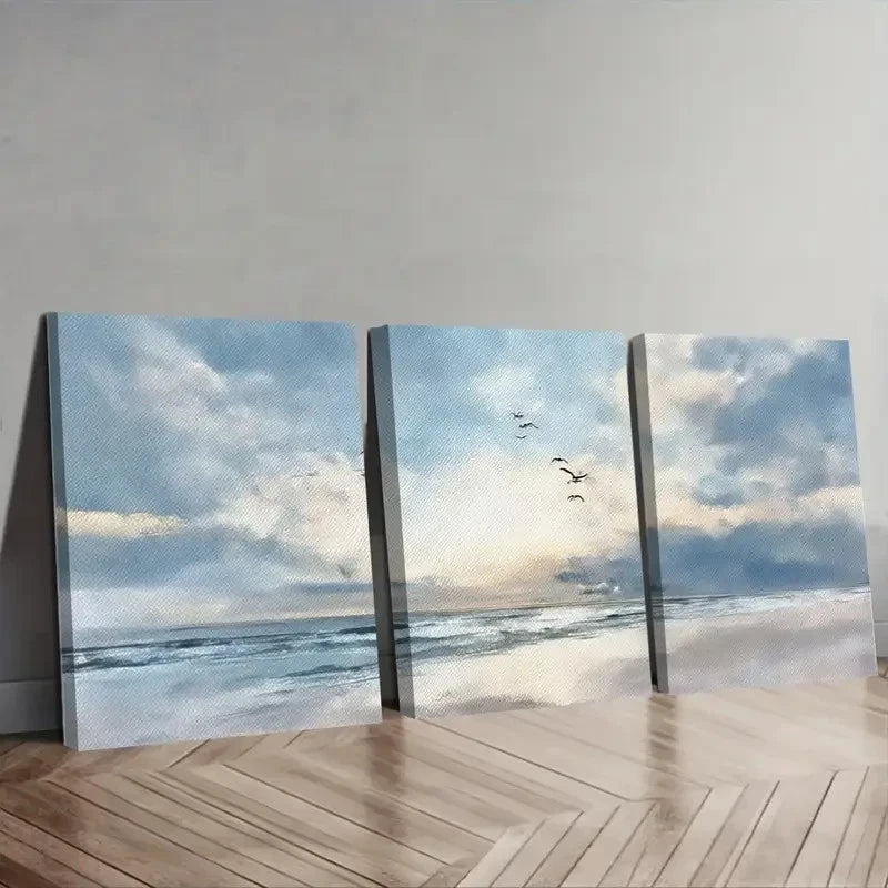 3pcs Serene Beach & Ocean Watercolor Birds Wall Art Set Canvas Framed 60x90cm - High Quality Print 100% Australian Made Wall Canvas Ready to Hang