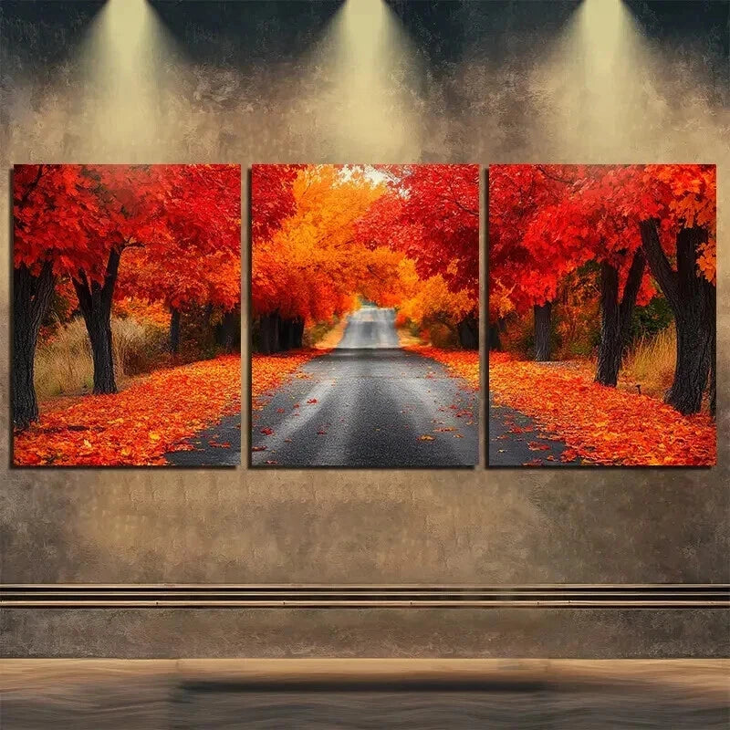 3pcs Vibrant Autumn Forest Road Nature Perfect Wall Art Set Canvas Framed 50x70cm - High Quality Print 100% Australian Made Wall Canvas Ready to Hang