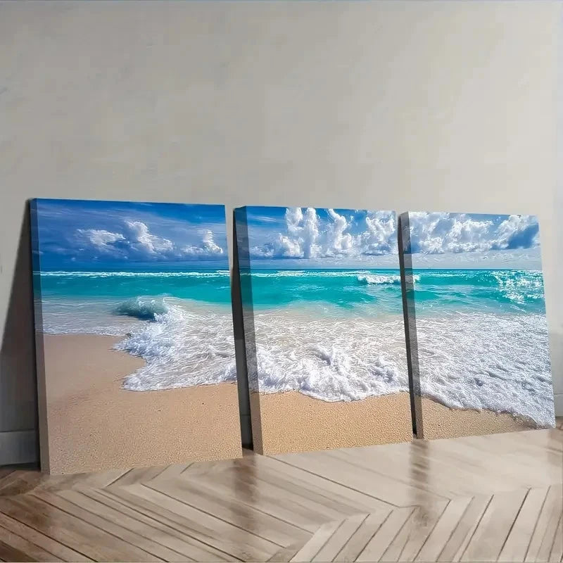 3pcs Turquoise Ocean Waves Sandy Shore Wall Art Set Canvas Framed 60x90cm - High Quality Print 100% Australian Made Wall Canvas Ready to Hang