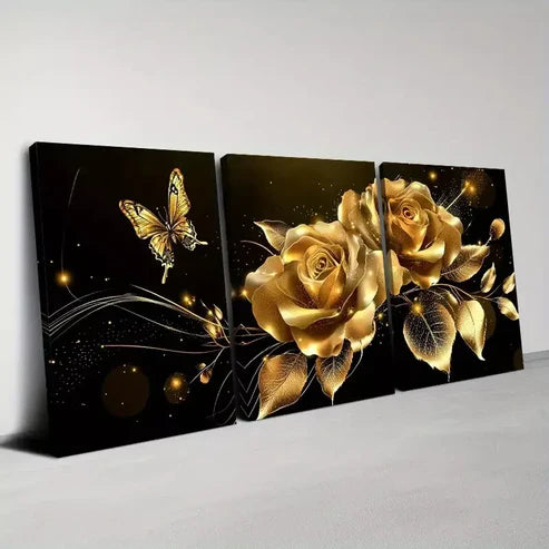 3pcs Beautiful Modern Golden Floral & Butterfly Wall Art Set Canvas Unframed - High Quality Print 100% Australian Made Wall Canvas - Bella Home Decor