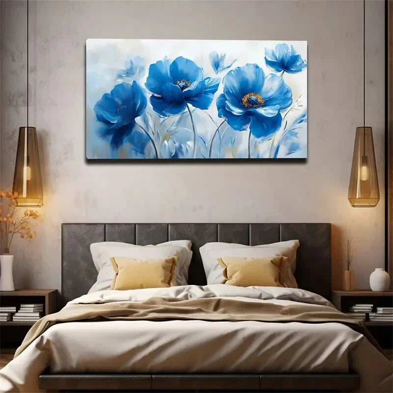 Blue Flowers With Yellow Center Wall Art Canvas Office Home Room Framed 120x60cm - Bella Home Decor