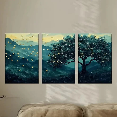 3pcs Abstract Tree & Golden Leaves Wall Art Set Canvas Unframed - High Quality Print 100% Australian Made Wall Canvas - Bella Home Decor