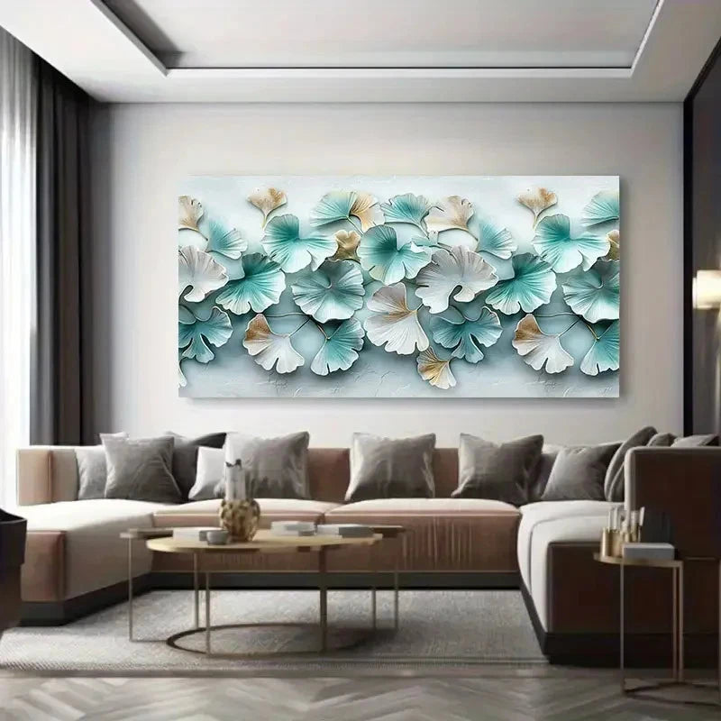 Floral Blue & White Leaves Wall Art Canvas Office Home Room Framed 120x60cm
