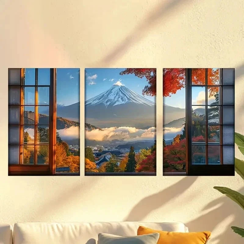 3pcs Window View of a Mountain Wall Art Set Canvas Framed 50x70cm - High Quality Print 100% Australian Made Wall Canvas Ready to Hang