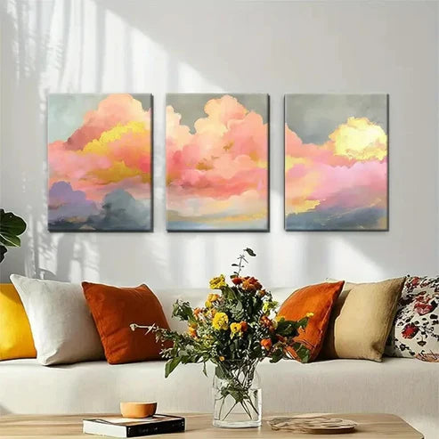 3pcs Abstract Cloud Landscape Pink Gold Perfect Wall Art Set Canvas Unframed - High Quality Print 100% Australian Made Wall Canvas - Bella Home Decor
