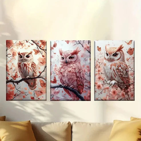 3pcs Pink And Orange Owls Wall Art Set Canvas Unframed - High Quality Print 100% Australian Made Wall Canvas