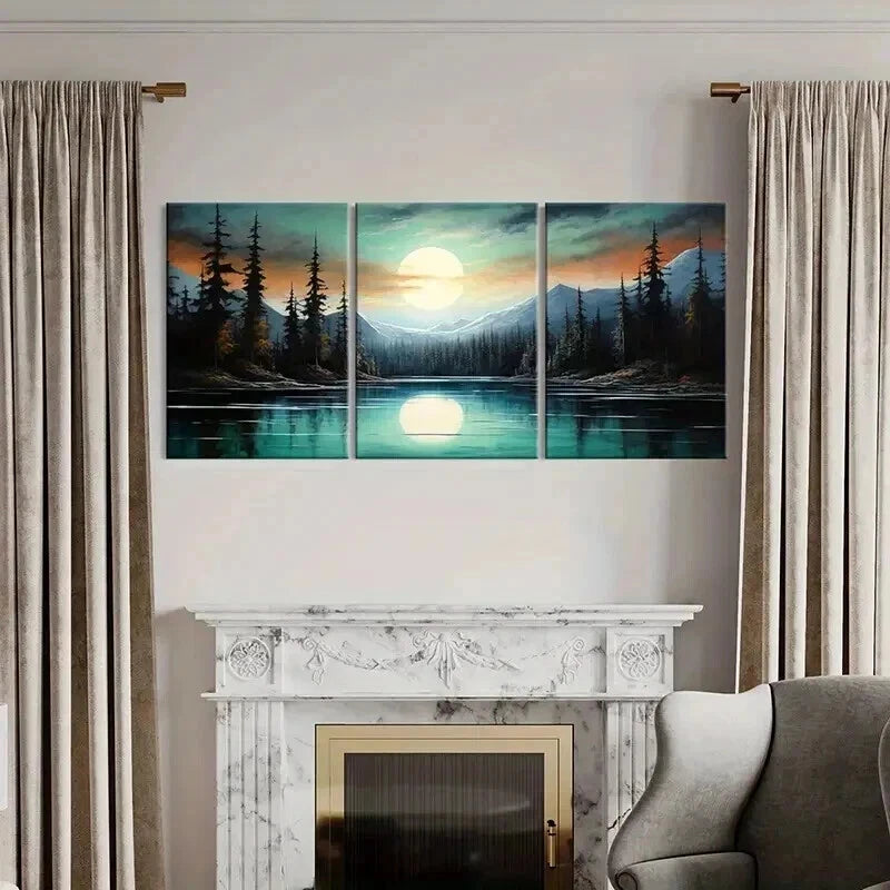 3pcs Mountains River Trees Moon Nature Landscape Wall Art Set Canvas Framed 40x60cm - High Quality Print 100% Australian Made Wall Canvas Ready to Hang