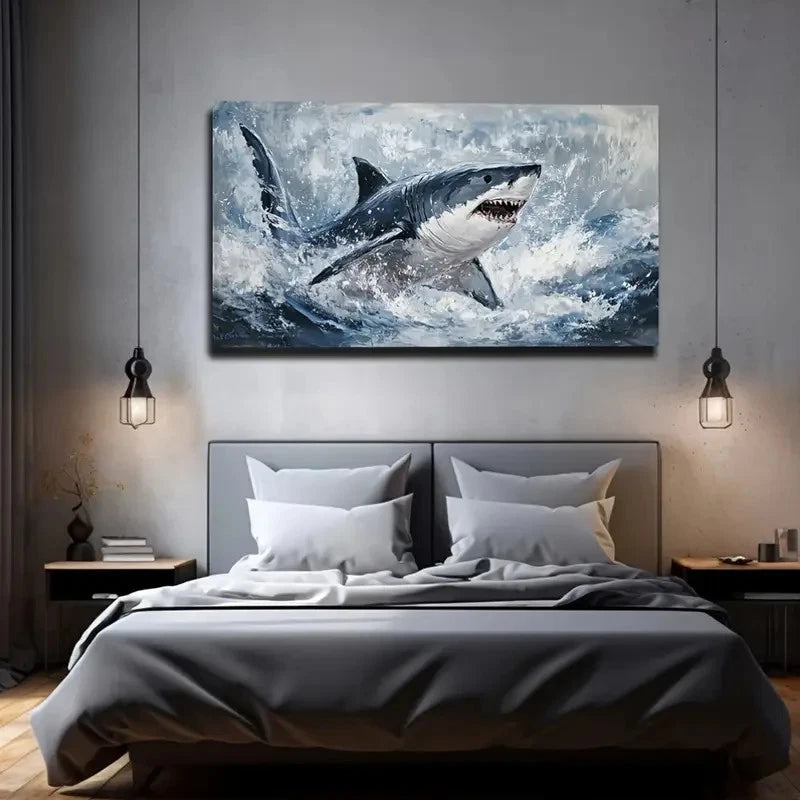 Dramatic Ocean Scene Shark Wall Art Canvas Office Home Room Framed 120x60cm - Bella Home Decor