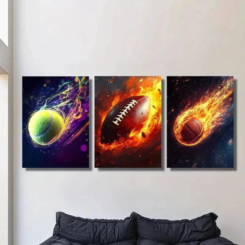3pcs Fiery Tennis Rugby Basketball Decor Wall Art Set Canvas Unframed - High Quality Print 100% Australian Made Wall Canvas