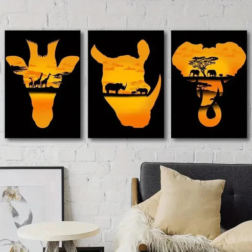 3pcs Giraffe Rhino Elephant at Sunset Wall Art Set Canvas Wall Art Canvas Unframed - High Quality Print 100% Australian Made Wall Canvas - Bella Home Decor