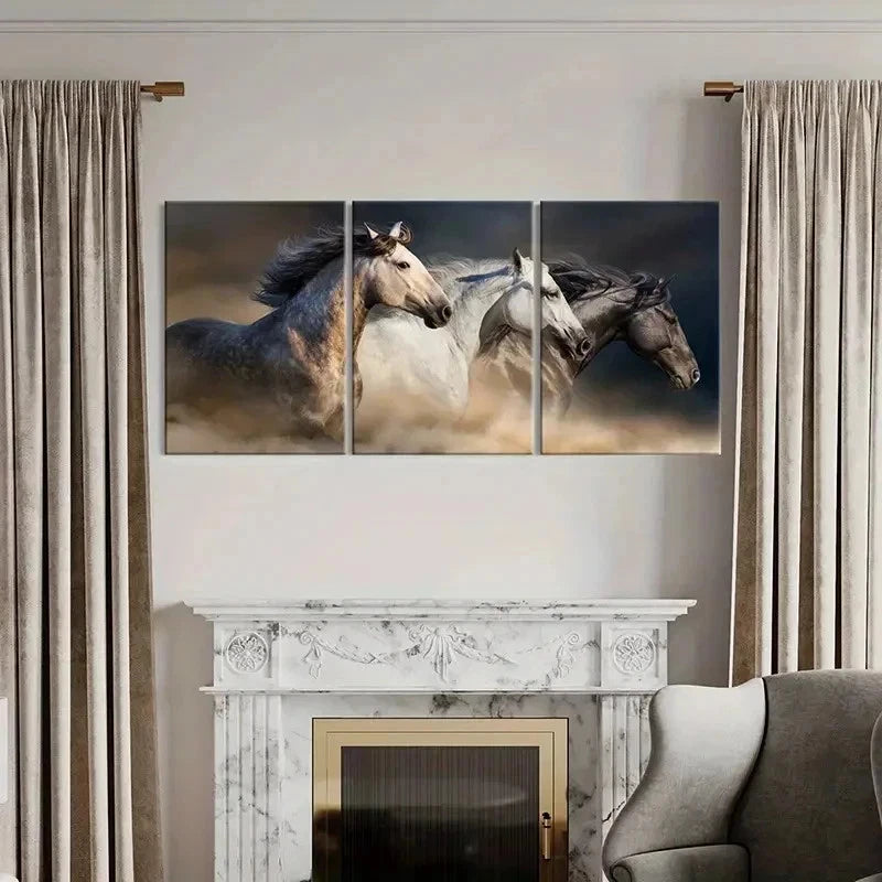 3pcs Gray White & Black Horses Running Modern Wall Art Set Canvas Framed 50x70cm - High Quality Print 100% Australian Made Wall Canvas Ready to Hang