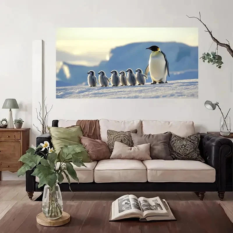 Penguin Family Snow Scene Wall Art Canvas Office Home Room Framed 120x60cm