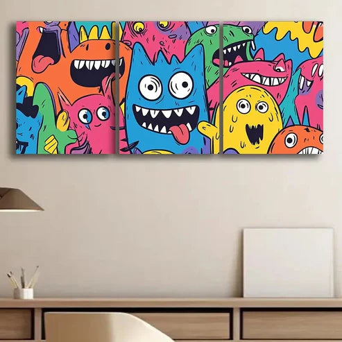 3pcs Monster Theme for Home Colorful Perfect Wall Art Set Canvas Unframed - High Quality Print 100% Australian Made Wall Canvas