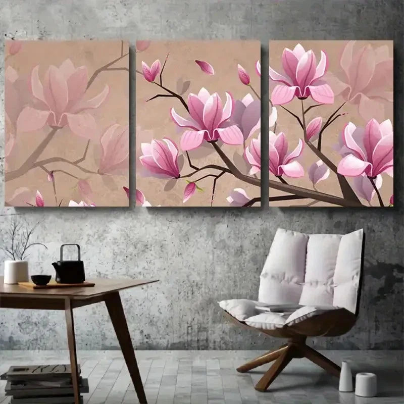 3pcs Pink Magnolia Botanical Branch Wall Art Set Canvas Framed 40x60cm - High Quality Print 100% Australian Made Wall Canvas Ready to Hang