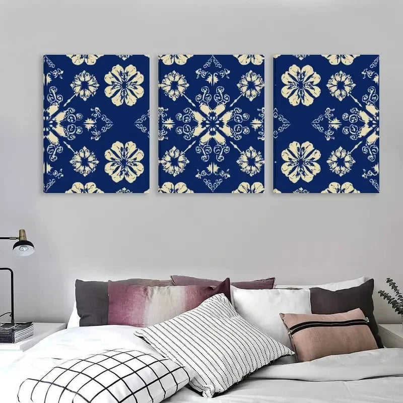 3pcs Blue And White Floral Geometric Pattern Wall Art Set Canvas Framed 50x70cm - High Quality Print 100% Australian Made Wall Canvas Ready to Hang - Bella Home Decor