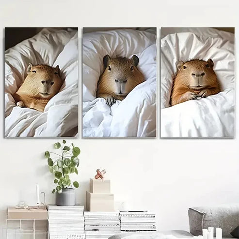 3pcs Whimsical Capybara Selfie Corrido Wall Art Set Canvas Unframed - High Quality Print 100% Australian Made Wall Canvas