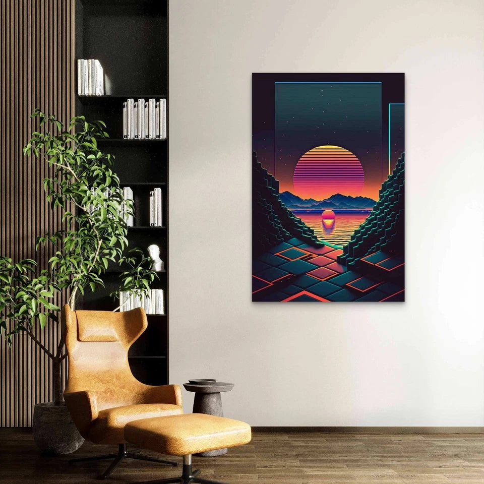 Retro Neon Sunset 40x60cm Metal Print Ready to Hang
