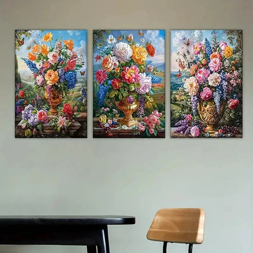 3pcs flowers in vases on table Wall Art Set Canvas Unframed - High Quality Print 100% Australian Made Wall Canvas - Bella Home Decor
