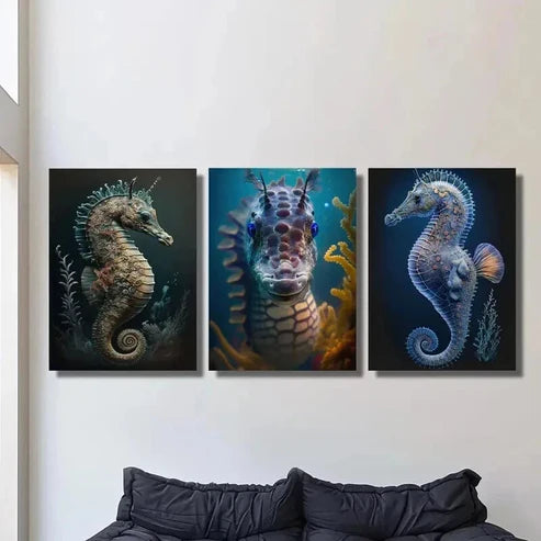 3pcs Seahorse Swimming in Water Wall Art Canvas Unframed - High Quality Print 100% Australian Made Wall Canvas
