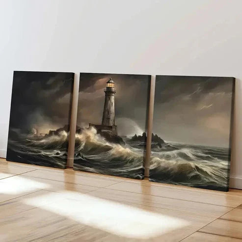 3pcs Stormy Sea Waves Lighthouse Beacon Wall Art Set Canvas Unframed - High Quality Print 100% Australian Made Wall Canvas